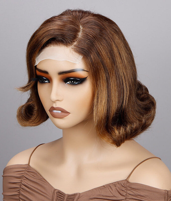 Retro Body Wave Bob Brown With Golden Blonde Highlights 4x4 Lace Human Hair Wigs Vintage Style