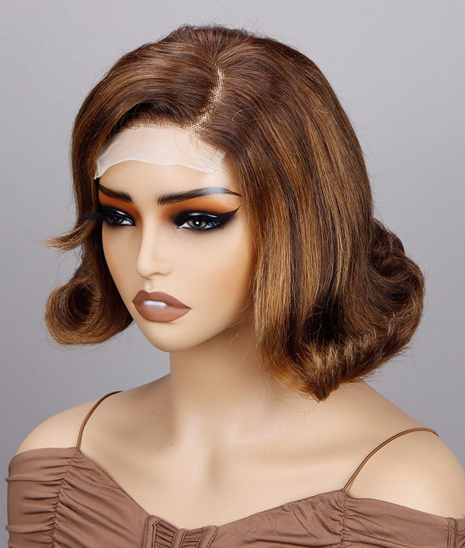 Vintage Style Retro Body Wave Bob Golden Blonde Highlights On Brown 4x4 Lace Human Hair Wigs For Mom