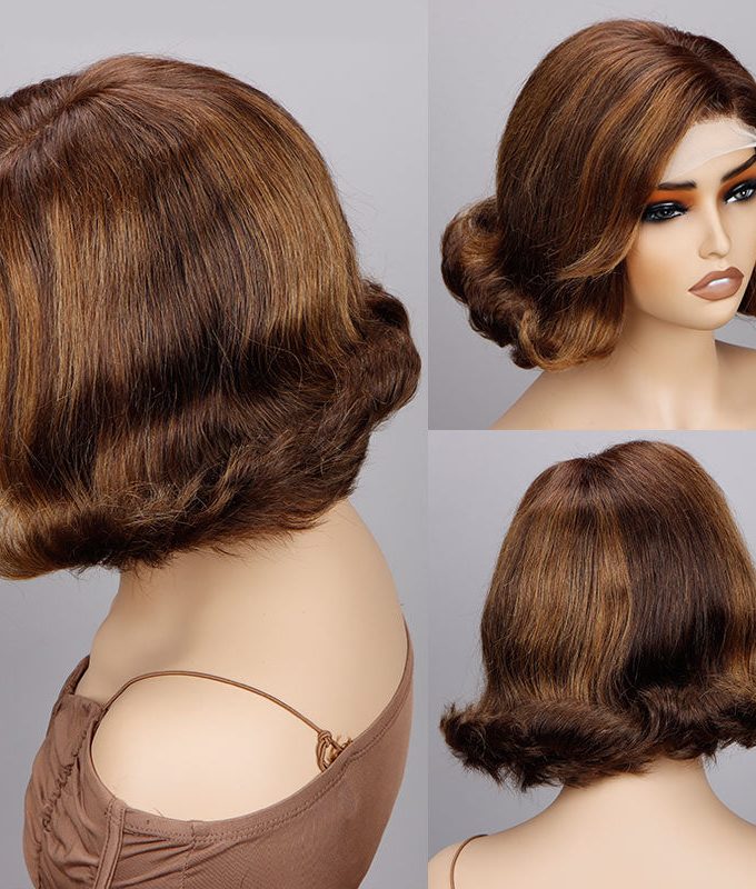 Retro Body Wave Bob Brown With Golden Blonde Highlights 4x4 Lace Human Hair Wigs Vintage Style