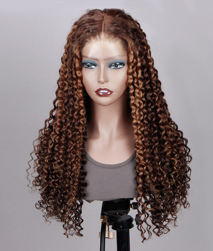 Golden Auburn Balayage Highlights On Brown Wig Jerry Curly Human Hair Glueless 6x4 Pre Cut Lace Wig