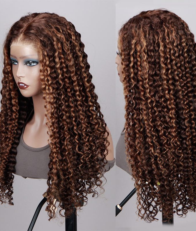 Golden Auburn Balayage Highlights On Brown Wig Jerry Curly Human Hair Glueless 6x4 Pre Cut Lace Wig