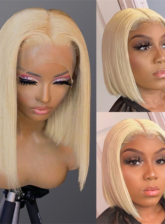 Flash Sale $120 Off #613 Barbie Blonde Straight Bob 13x4 Lace Frontal Human Hair Wigs With Pre-Plucked Hairline