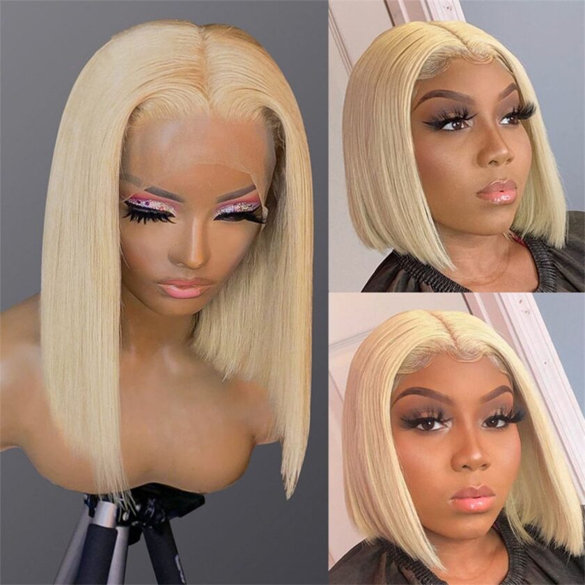 Flash Sale $120 Off #613 Barbie Blonde Straight Bob 13x4 Lace Frontal Human Hair Wigs With Pre-Plucked Hairline - Image 4