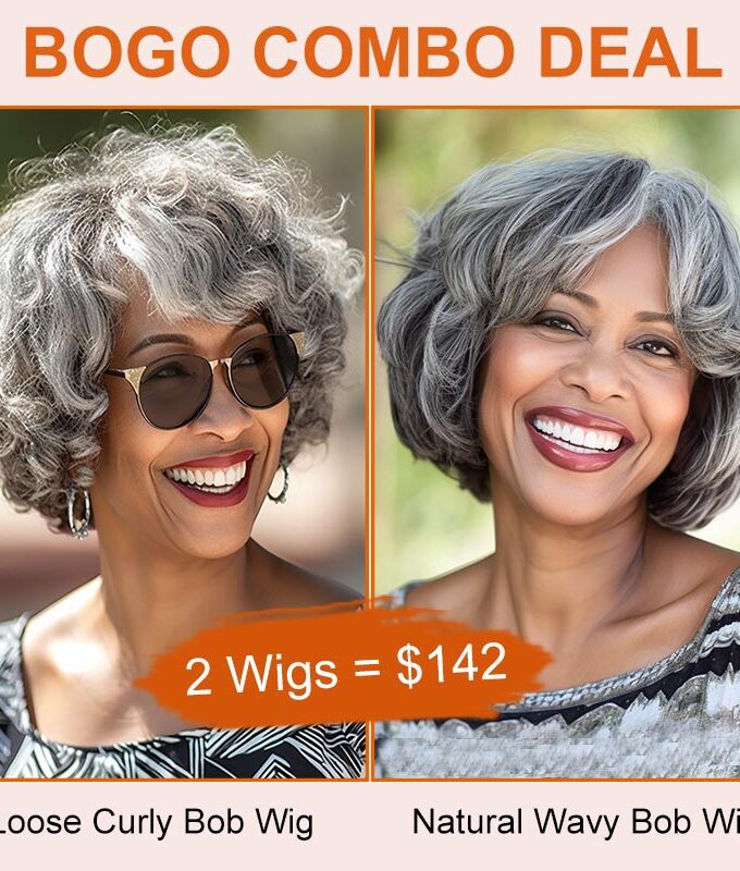 BOGO Combo Deal | Salt & Pepper Color Short Loose Curly Wig And Wavy Bob Glueless Human Hair Wigs For Seniors
