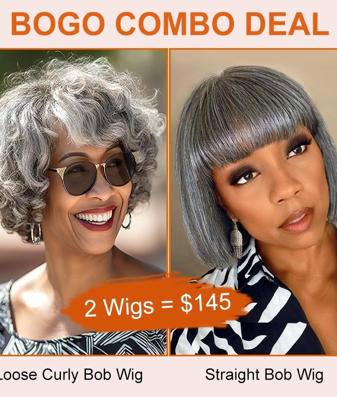 BOGO Combo Deal | Salt & Pepper Color Short Glueless Human Hair Wigs For Seniors