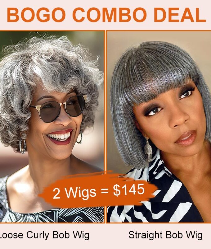 BOGO Combo Deal | Salt & Pepper Color Short Loose Curly And Straight Bob Glueless Human Hair Wigs For Seniors