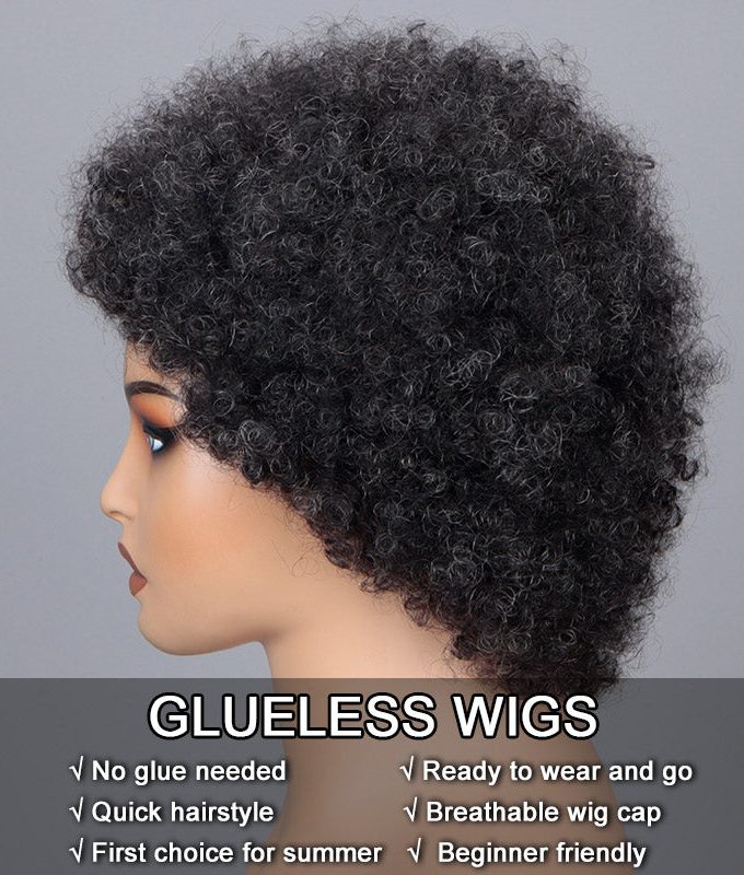 Ready To Go Wigs Dark Salt And Pepper Afro 4C Kinky Curly Human Hair Glueless Wig Beginner Friendly For Women