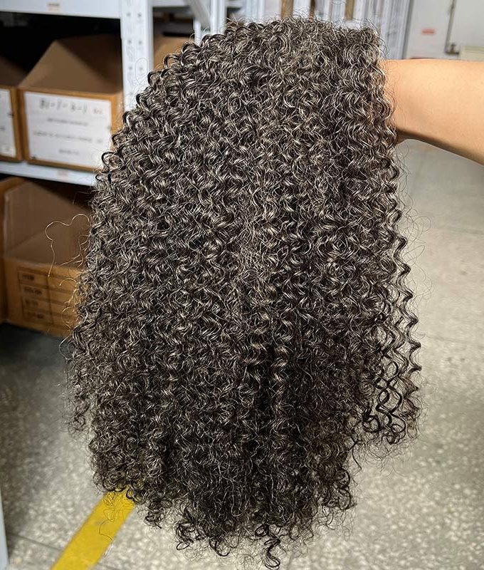 Medium Salt And Pepper Afro Curly Human Hair 3 In 1 Half Wig Ready To Go Wig For Older Women