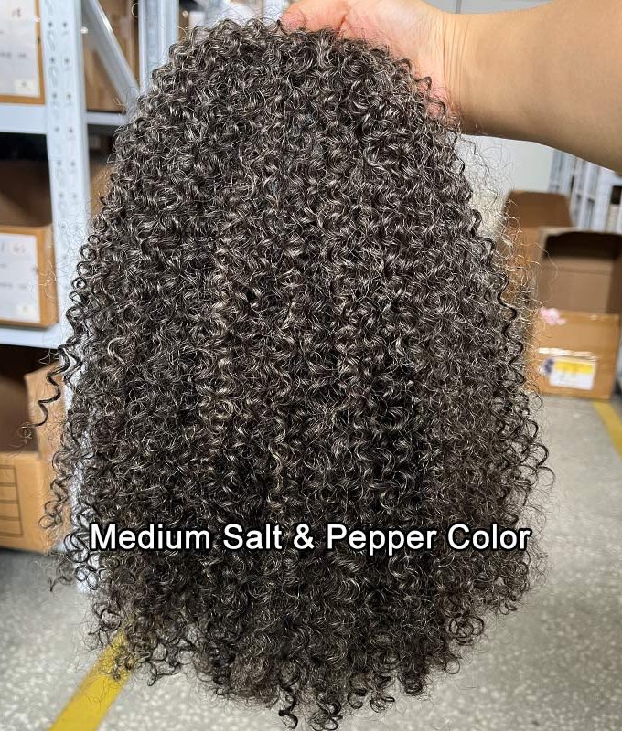 Medium Salt And Pepper Afro Curly Human Hair 3 In 1 Half Wig Ready To Go Wig For Older Women