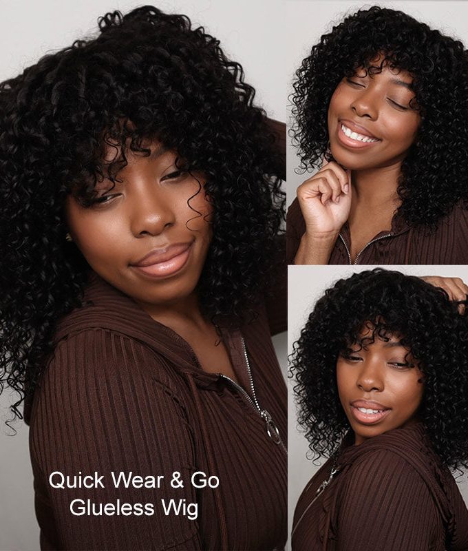 Boom Curly Bob Wig With Bangs Quick Wear And Go Glueless Human Hair Wigs 180% Density