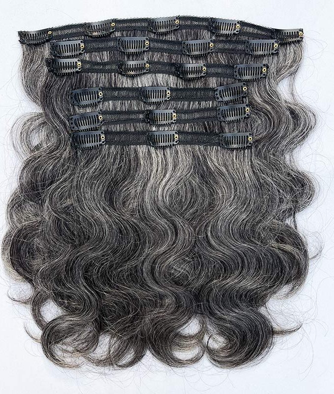 Silver Gray Human Hair Body Wave Hair Clip In Hair Extensions 6 Pieces/Set