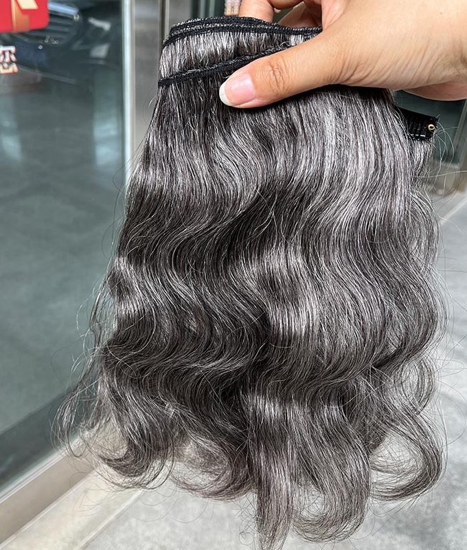 Silver Gray Human Hair Body Wave Hair Clip In Hair Extensions 6 Pieces/Set