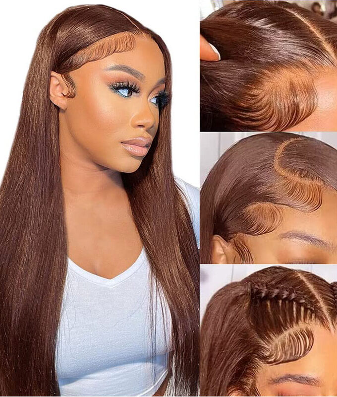 Chocolate Brown Straight Human Hair Wigs Pre Plucked 13x4 HD Lace Frontal Wigs 180 Density