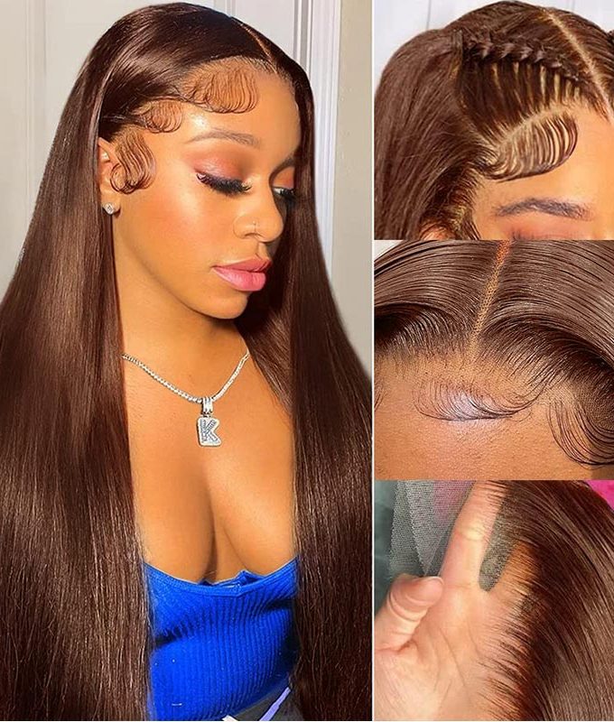 Chocolate Brown Straight Human Hair Wigs Pre Plucked 13x4 HD Lace Frontal Wigs 180 Density