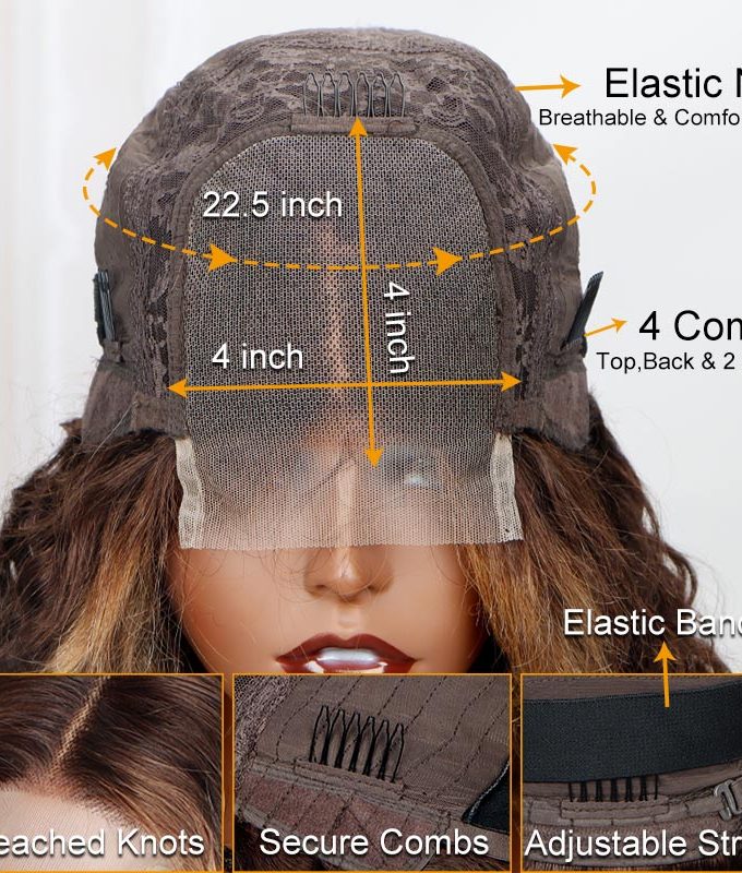 4x4 Lace Closure Wigs Long Ombre Brown Curly Human Hair Wig with Dark Roots 180 Density