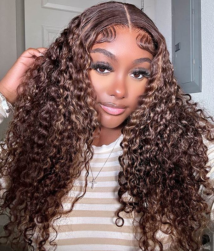 Long Curly Human Hair Wigs Blonde Balayage Highlight HD Lace Wigs 180% Density