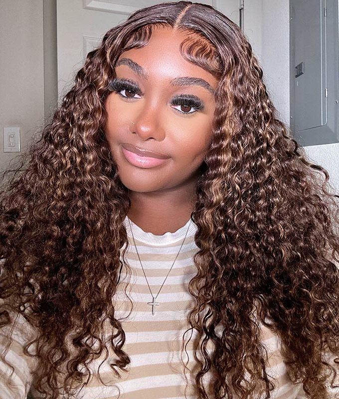 Long Curly Human Hair Wigs Blonde Balayage Highlight HD Lace Wigs 180% Density