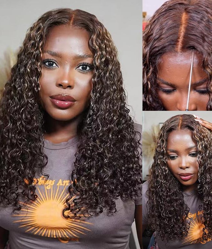 Long Curly Human Hair Wigs Blonde Balayage Highlight HD Lace Wigs 180% Density