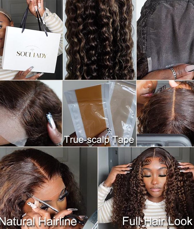 Long Curly Human Hair Wigs Blonde Balayage Highlight HD Lace Wigs 180% Density