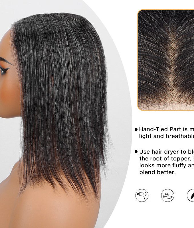 5"x5" Lace Crown Toppers Dark Salt And Pepper Straight Human Hair Pieces For Women