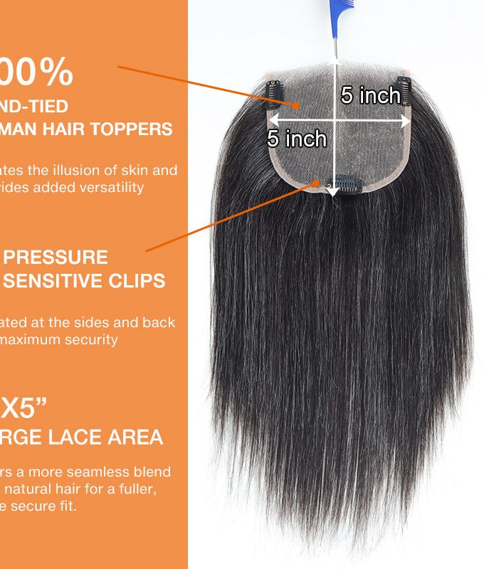 5"x5" Lace Crown Toppers Dark Salt And Pepper Straight Human Hair Pieces For Women