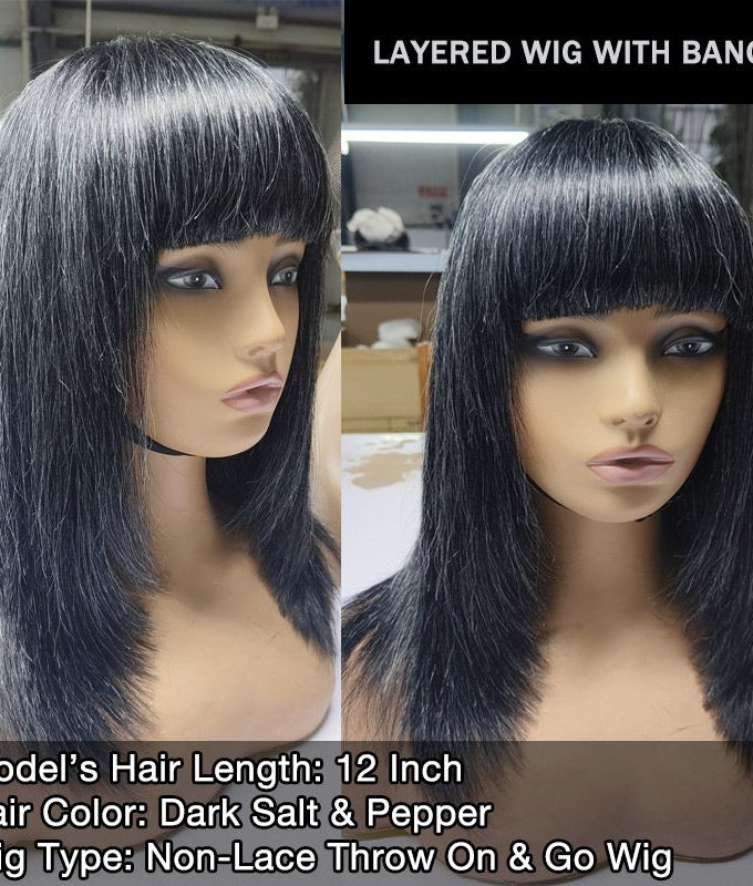 Chic Glueless Layered Wigs With Bangs Dark Salt & Pepper Straight Human Hair Real Wear To Go Wigs For Women