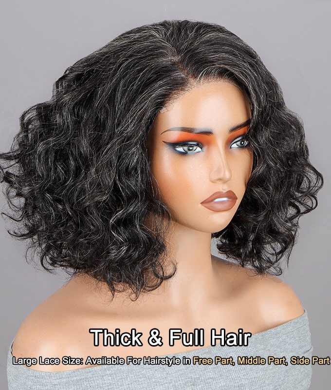 US DOMESTIC SHIPPING | Dark Salt And Pepper Wigs Water Wave Bob 5x5 HD Lace Human Hair Wigs For Mature Women