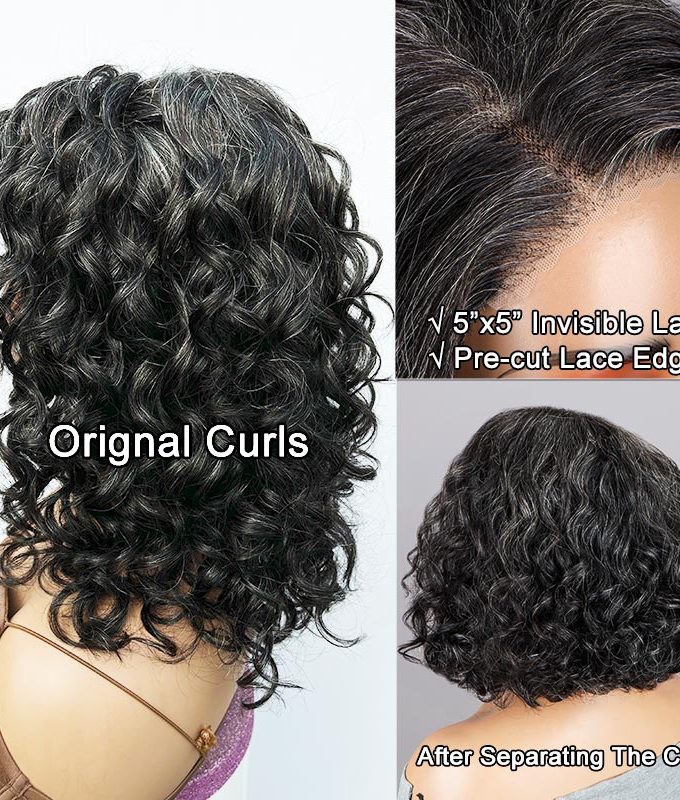 US DOMESTIC SHIPPING | Dark Salt And Pepper Wigs Water Wave Bob 5x5 HD Lace Human Hair Wigs For Mature Women