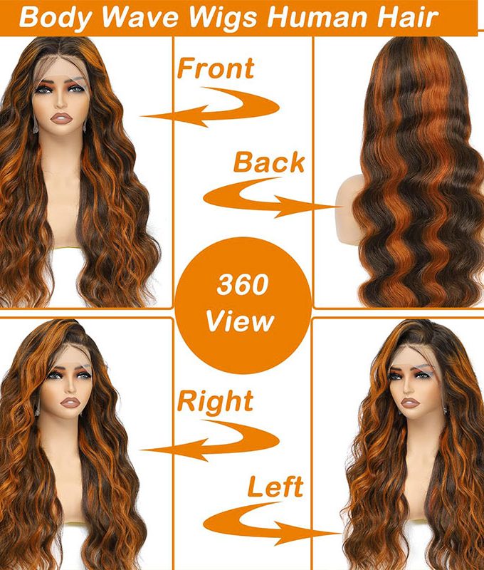 Orange Ginger Brown Highlight Wig Human Hair P4/350 Colored Body Wave 13x6 HD Lace Front Wig Pre Plucked Hairline