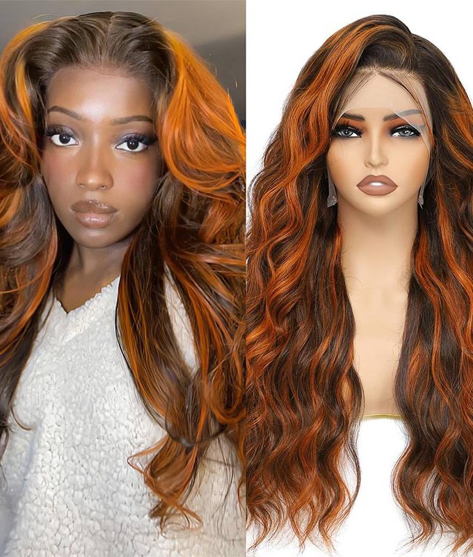 Orange Ginger Brown Highlight Wig Human Hair P4/350 Colored Body Wave 13x6 HD Lace Front Wig Pre Plucked Hairline