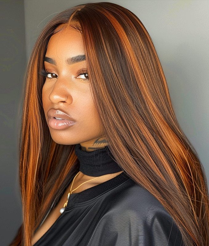 Silky Straight Orange Ginger Brown Highlight Wig Human Hair P4/350 Colored 13x6 HD Lace Front Wig Pre Plucked Hairline