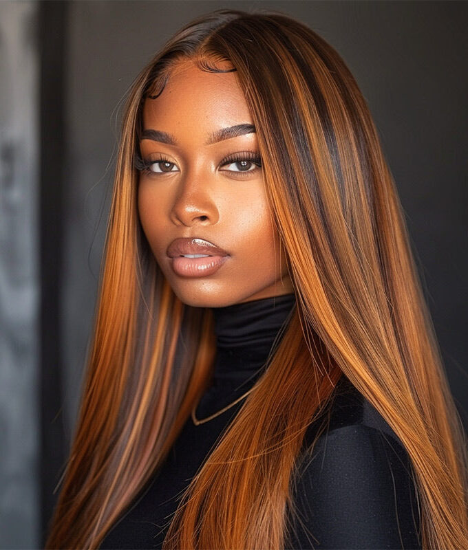 Silky Straight Orange Ginger Brown Highlight Wig Human Hair P4/350 Colored 13x6 HD Lace Front Wig Pre Plucked Hairline