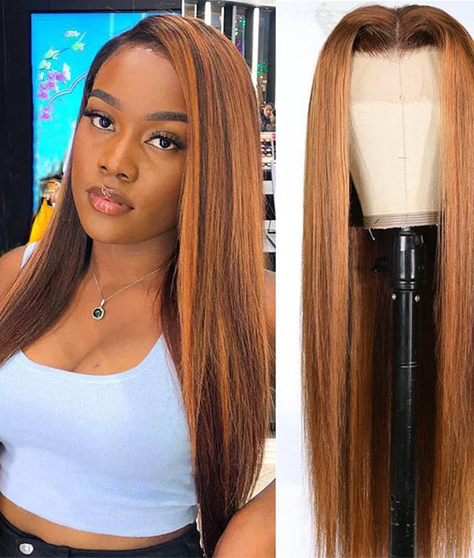 Silky Straight Orange Ginger Brown Highlight Wig Human Hair P4/350 Colored 13x6 HD Lace Front Wig Pre Plucked Hairline