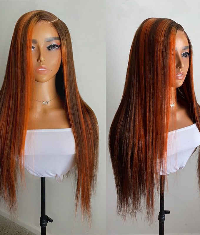 Silky Straight Orange Ginger Brown Highlight Wig Human Hair P4/350 Colored 13x6 HD Lace Front Wig Pre Plucked Hairline