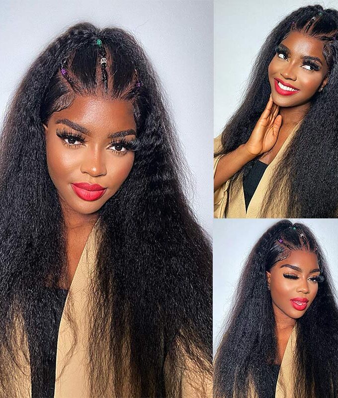 4C Edges Kinky Straight 13x4.5 HD Lace Full Frontal Wig With Pre Plucked Hairline 180% Density