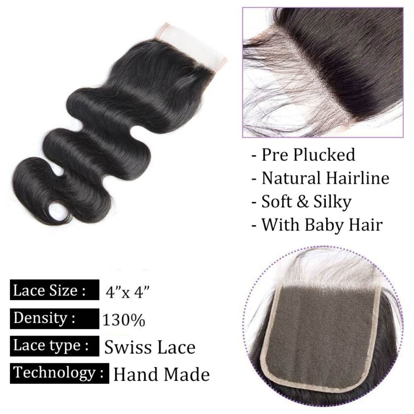 Body Wave Bundles with Closure 10A Grade 100% Human Virgin Hair Brazilian Hair Weave - Image 5