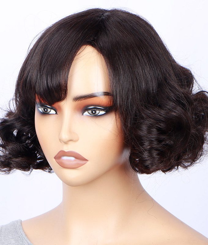 Vintage Style Short Loose Wave Bob Real Human Hair Weargo Silk Top Lace Wigs With Bangs For Women