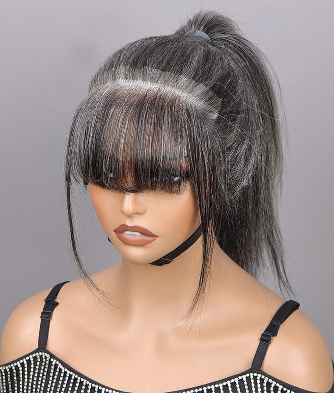 Custom Salt & Pepper Swiss Lace Forehead Fringe Bangs Invisible Hairline With Baby Hair 6x1 Lace Edges Human Hairpieces