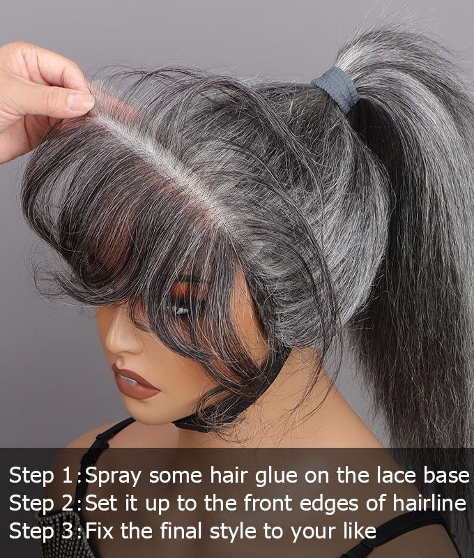 Custom Salt & Pepper Swiss Lace Forehead Fringe Bangs Invisible Hairline With Baby Hair 6x1 Lace Edges Human Hairpieces
