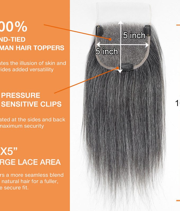 US DOMESTIC SHIPPING | Medium Salt And Pepper Swiss Lace Toppers Straight Human Hair Crown Picese For Thinning Hair