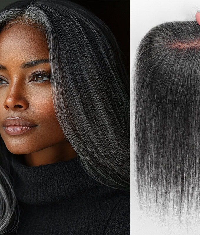 US DOMESTIC SHIPPING | Medium Salt And Pepper Swiss Lace Toppers Straight Human Hair Crown Picese For Thinning Hair