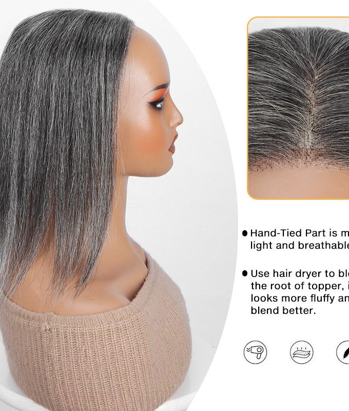 US DOMESTIC SHIPPING | Medium Salt And Pepper Swiss Lace Toppers Straight Human Hair Crown Picese For Thinning Hair