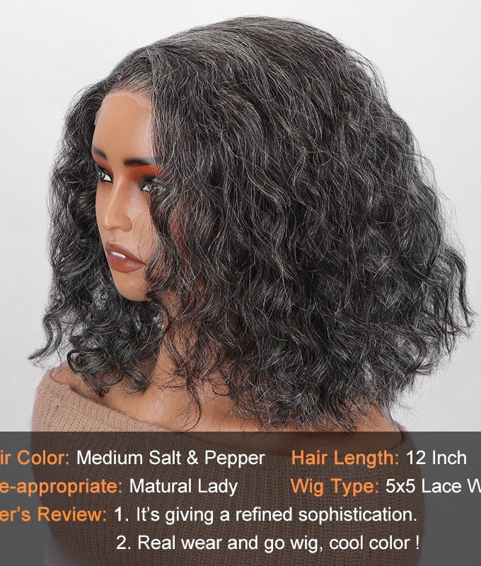 US DOMESTIC SHIPPING | Medium Salt And Pepper Wig Water Wave Human Hair 5x5 Lace Bob Throw On & Go Wigs For Mature Women