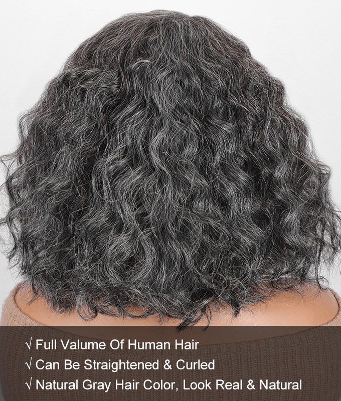 US DOMESTIC SHIPPING | Medium Salt And Pepper Wig Water Wave Human Hair 5x5 Lace Bob Throw On & Go Wigs For Mature Women