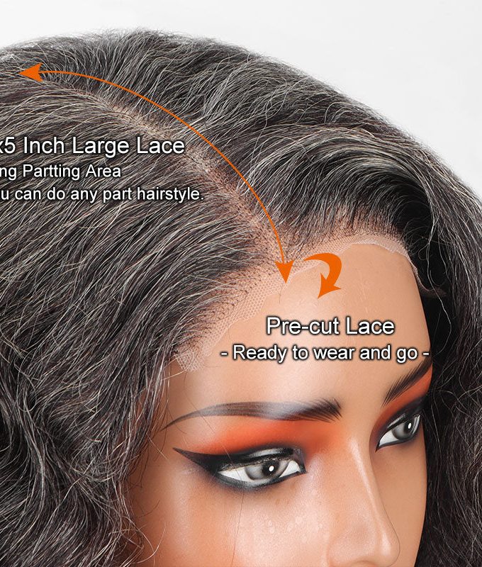 US DOMESTIC SHIPPING | Medium Salt And Pepper Wig Water Wave Human Hair 5x5 Lace Bob Throw On & Go Wigs For Mature Women