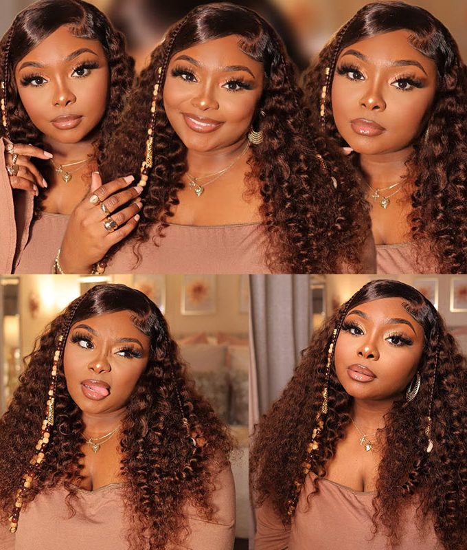 4x4 Lace Closure Wigs Long Ombre Brown Curly Human Hair Wig with Dark Roots 180 Density