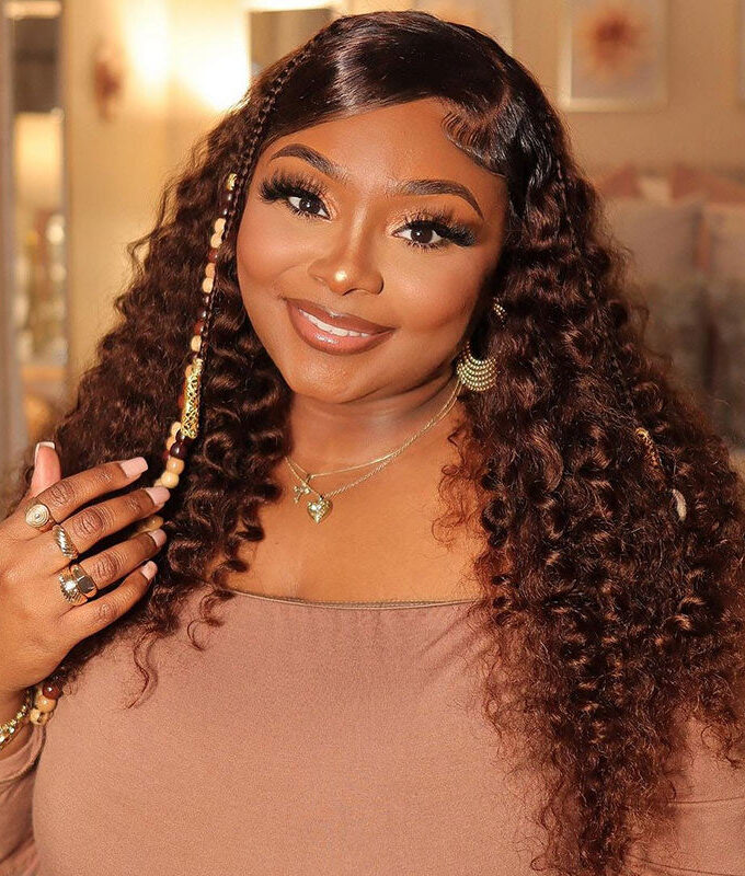 4x4 Lace Closure Wigs Long Ombre Brown Curly Human Hair Wig with Dark Roots 180 Density