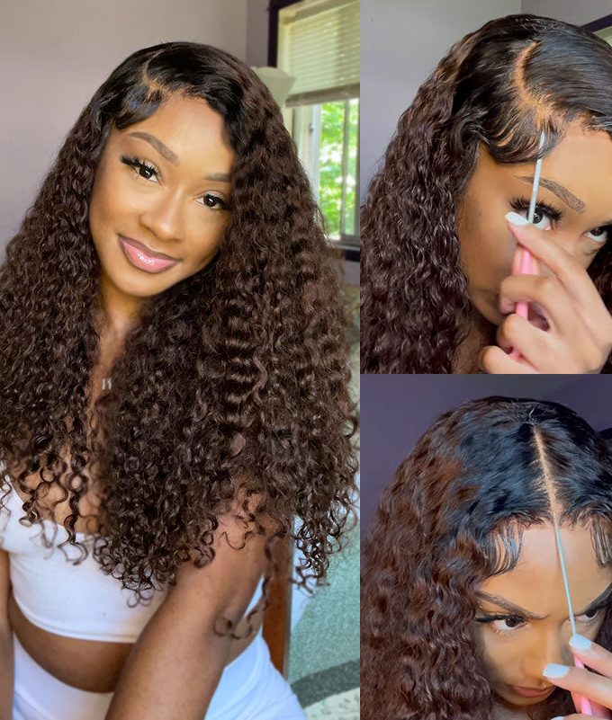 4x4 Lace Closure Wigs Long Ombre Brown Curly Human Hair Wig with Dark Roots 180 Density