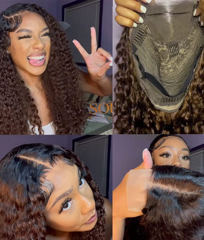 4x4 Lace Closure Wigs Long Ombre Brown Curly Human Hair Wig with Dark Roots 180 Density
