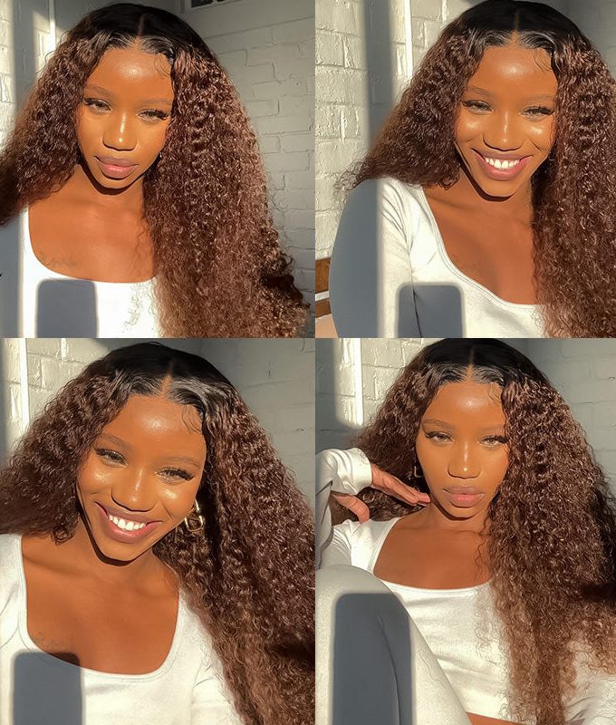 4x4 Lace Closure Wigs Long Ombre Brown Curly Human Hair Wig with Dark Roots 180 Density